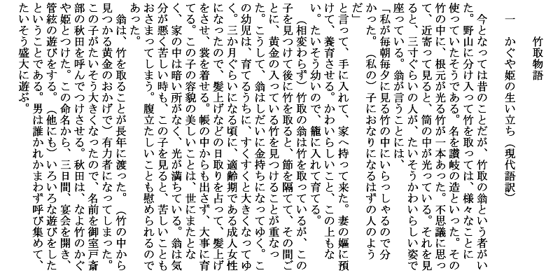 竹取物語・一・『今は昔、竹取の翁といふ者ありけり…』 ： 冒頭 （原文・現代語訳）